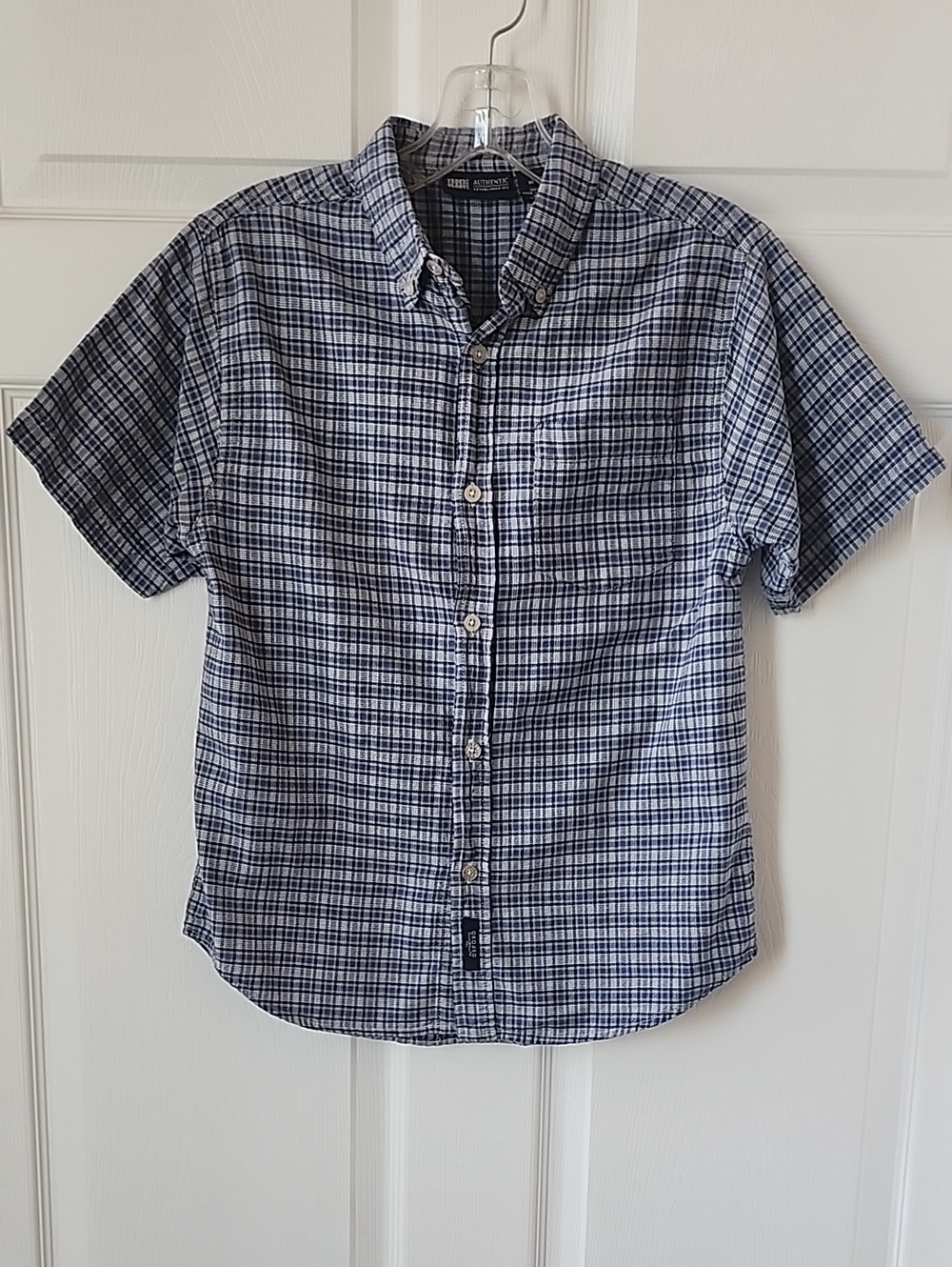 Faded Glory Navy and White Plaid Short-Sleeve Button-Down Shirt - Sz Boys 12/14